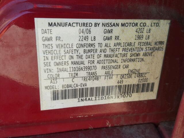 1N4AL11D16N399070 - 2006 NISSAN ALTIMA S BURGUNDY photo 10