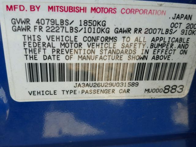 JA3AU26U29U031589 - 2009 MITSUBISHI LANCER ES/ BLUE photo 10