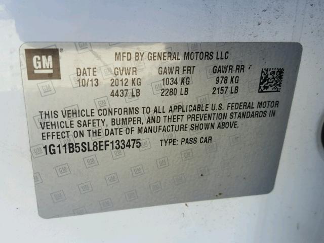 1G11B5SL8EF133475 - 2014 CHEVROLET MALIBU LS თეთრი ფოტო 10