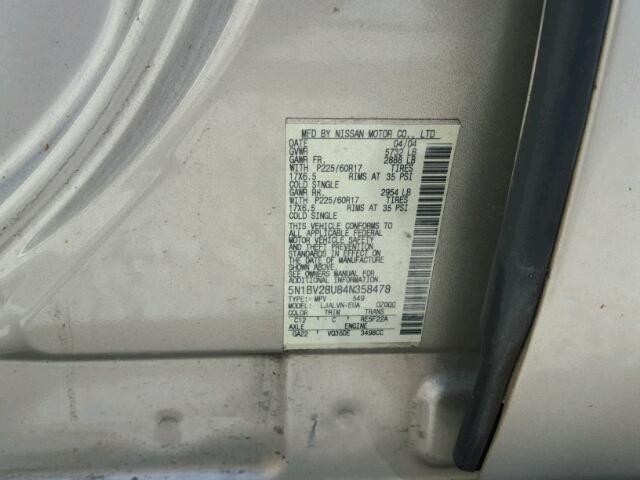 5N1BV28U84N358478 - 2004 NISSAN QUEST S GOLD photo 10