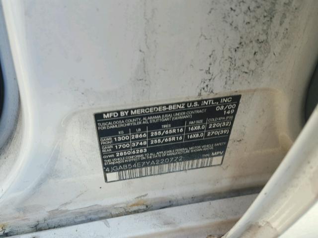 4JGAB54E7YA220772 - 2000 MERCEDES-BENZ ML WHITE photo 10