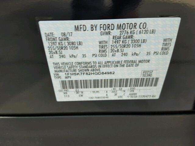 1FM5K7F82HGD84982 - 2017 FORD EXPLORER L BLACK photo 10