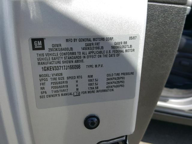 1GKEV33717J166098 - 2007 GMC ACADIA SLT ვერცხლისფერი ფოტო 10