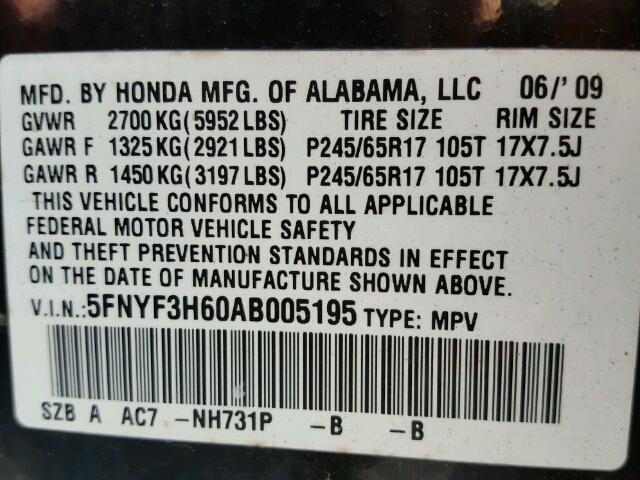 5FNYF3H60AB005195 - 2010 HONDA PILOT EXL BLACK photo 10