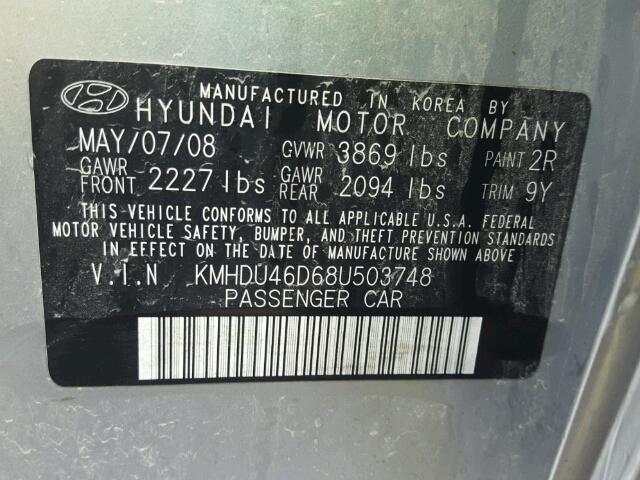 KMHDU46D68U503748 - 2008 HYUNDAI ELANTRA GL SILVER photo 10