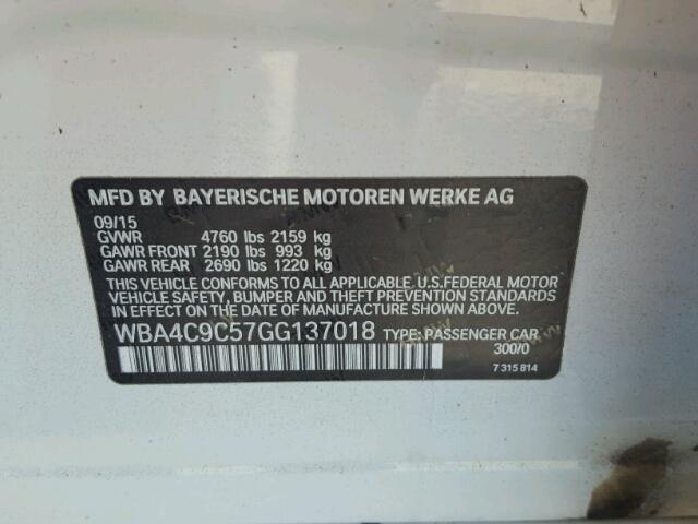 WBA4C9C57GG137018 - 2016 BMW 428 XI WHITE photo 10