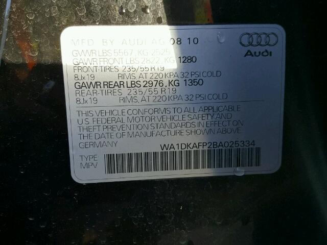 WA1DKAFP2BA025334 - 2011 AUDI Q5 BLACK photo 10