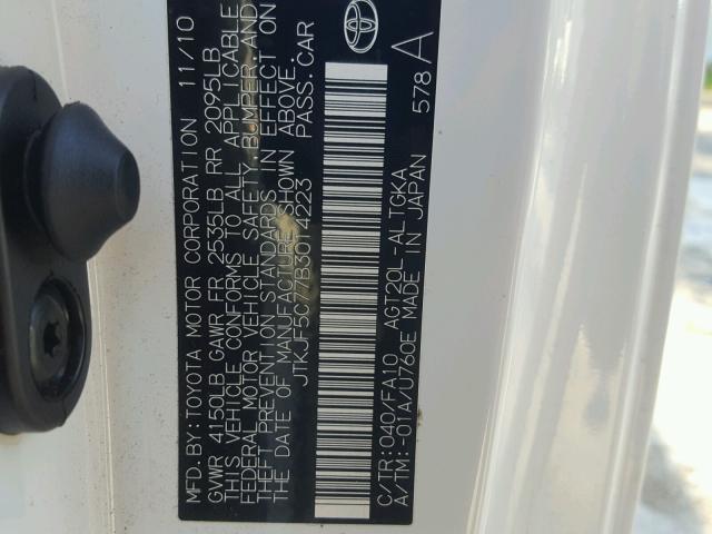 JTKJF5C77B3014223 - 2011 TOYOTA SCION TC 白色 照片 10