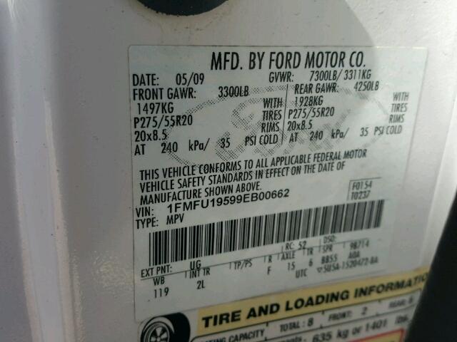 1FMFU19599EB00662 - 2009 FORD EXPEDITION WHITE photo 10