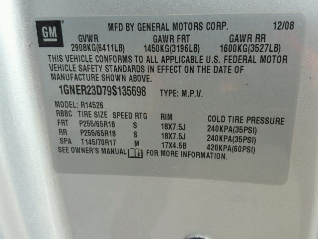 1GNER23D79S135698 - 2009 CHEVROLET TRAVERSE SILVER photo 10