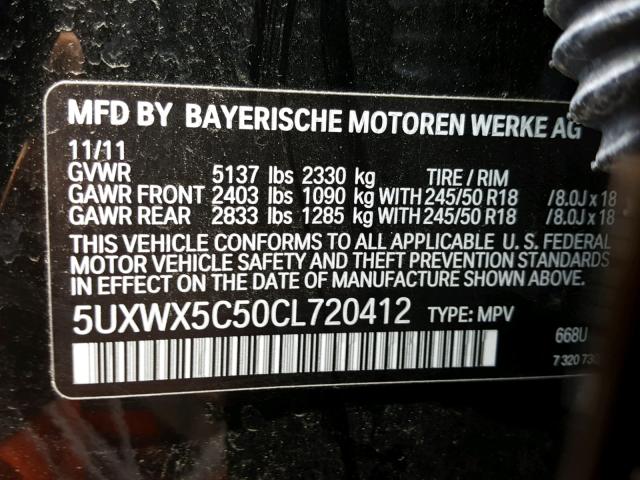 5UXWX5C50CL720412 - 2012 BMW X3 XDRIVE2 BLACK photo 10