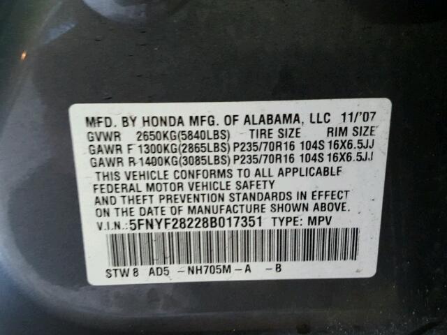 5FNYF28228B017351 - 2008 HONDA PILOT GRAY photo 10