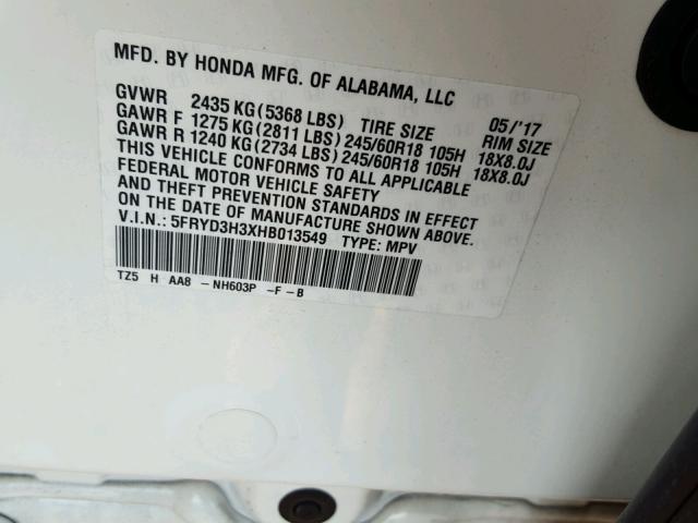 5FRYD3H3XHB013549 - 2017 ACURA MDX WHITE photo 10