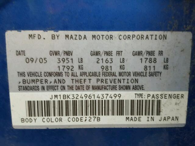 JM1BK324961437499 - 2006 MAZDA 3 BLUE photo 10