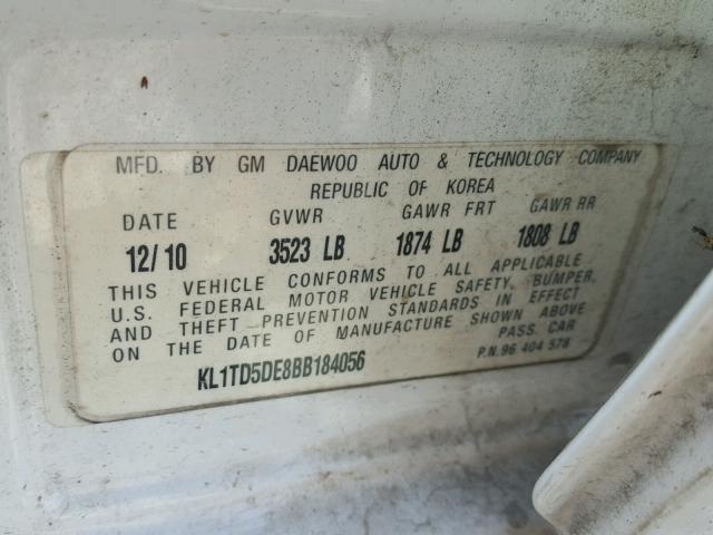 KL1TD5DE8BB184056 - 2011 CHEVROLET AVEO LS WHITE photo 10