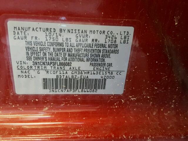 3N1CN7AP3FL866082 - 2015 NISSAN VERSA S RED photo 10