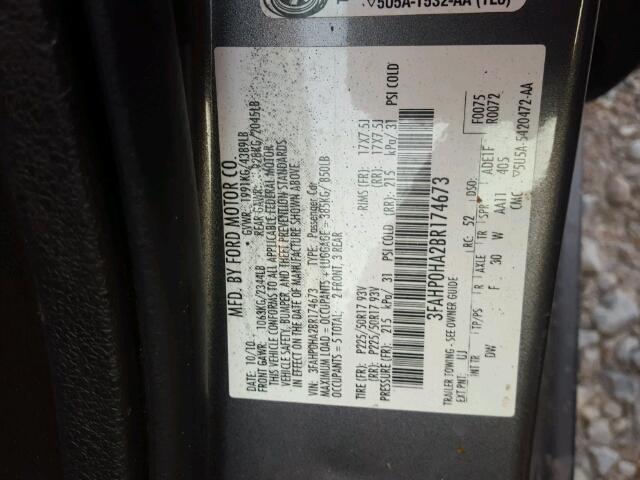 3FAHP0HA2BR174673 - 2011 FORD FUSION SE GRAY photo 10