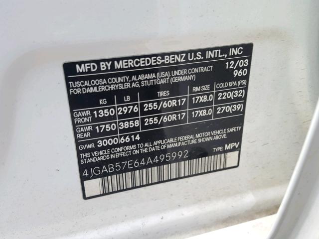 4JGAB57E64A495992 - 2004 MERCEDES-BENZ ML 350 WHITE photo 10