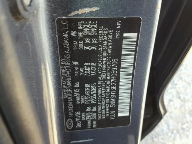 5NMSH13E27H059706 - 2007 HYUNDAI SANTA FE S BLUE photo 10