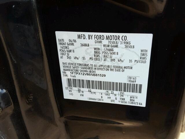 1FTPX12V86NB81529 - 2006 FORD F150 BLACK photo 10