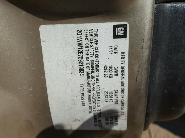 2G1WW12E759219034 - 2005 CHEVROLET MONTE CARL 金色 照片 10