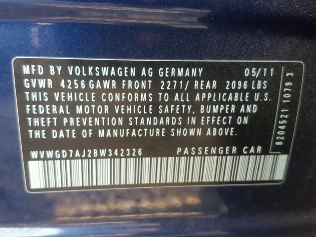 WVWGD7AJ2BW342326 - 2011 VOLKSWAGEN GTI BLUE photo 10