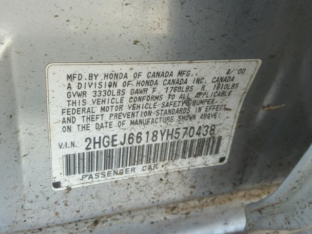 2HGEJ6618YH570438 - 2000 HONDA CIVIC BASE 银色 照片 10