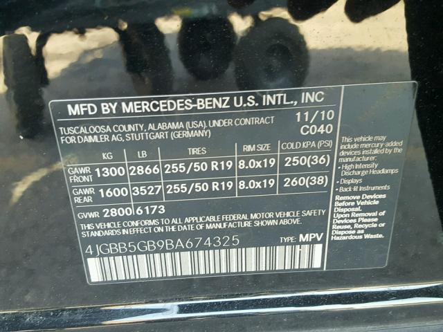 4JGBB5GB9BA674325 - 2011 MERCEDES-BENZ ML 350 BLACK photo 10