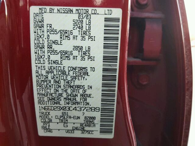 1N6ED29X03C437289 - 2003 NISSAN FRONTIER C RED photo 10