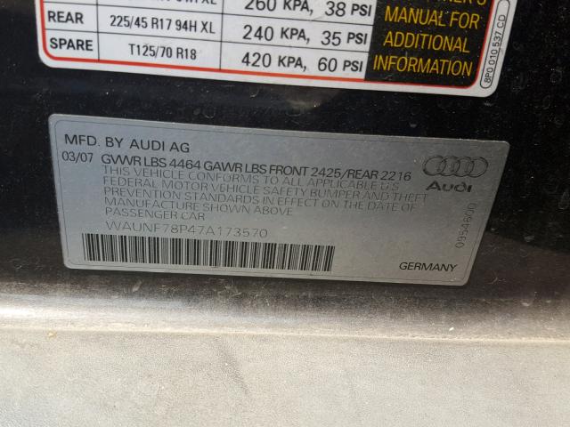 WAUNF78P47A173570 - 2007 AUDI A3 2.0 PRE GRAY photo 10