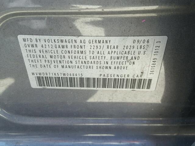 WVWDR71K57W068415 - 2007 VOLKSWAGEN RABBIT GRAY photo 10