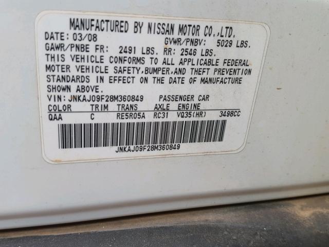 JNKAJ09F28M360849 - 2008 INFINITI EX35 BASE WHITE photo 10