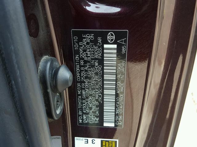 JTKJF5C72B3010290 - 2011 TOYOTA SCION TC 紫色 照片 10