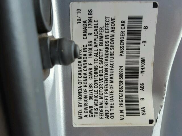 2HGFG1B67BH506924 - 2011 HONDA CIVIC LX SILVER photo 10