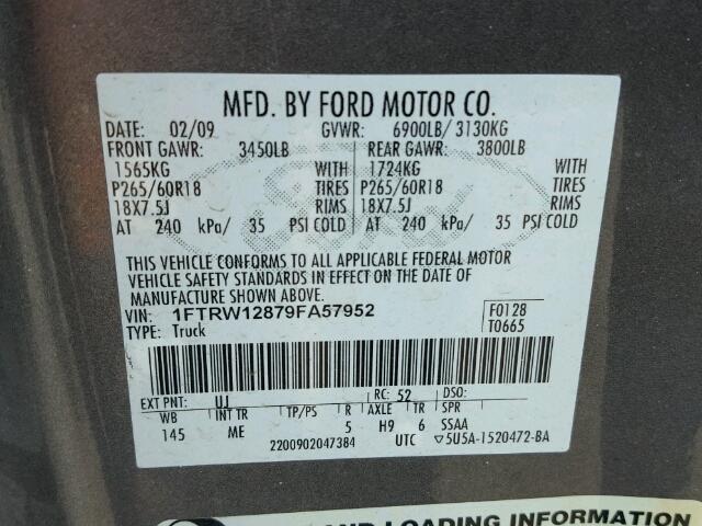 1FTRW12879FA57952 - 2009 FORD F150 SUPER GRAY photo 10