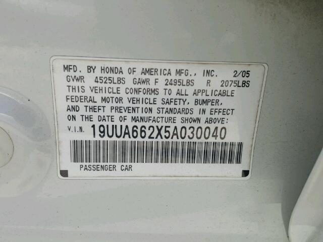 19UUA662X5A030040 - 2005 ACURA TL WHITE photo 10