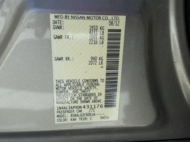 1N4AL3APXDN431176 - 2013 NISSAN ALTIMA GRAY photo 10