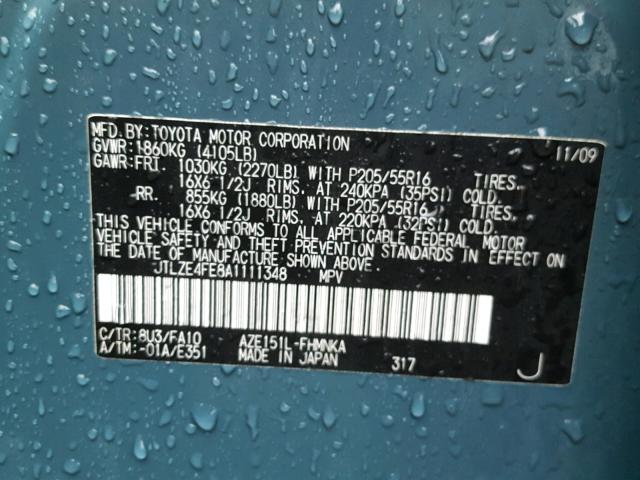 JTLZE4FE8A1111348 - 2010 TOYOTA SCION XB Blau Foto 10