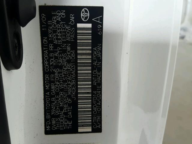 JTKDE3B76A0311084 - 2010 TOYOTA SCION TC 白色 照片 10