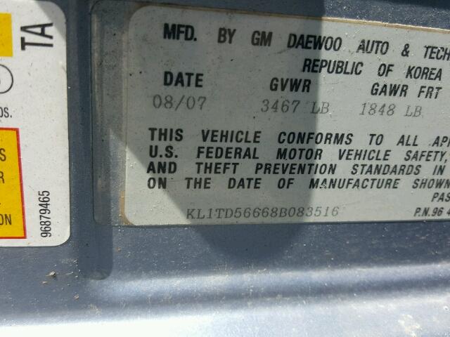 KL1TD56668B083516 - 2008 CHEVROLET AVEO BASE Niebieski zdjęcie 10