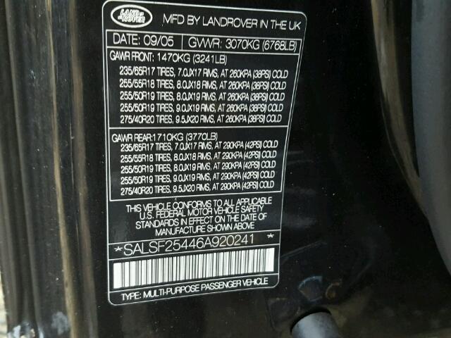 SALSF25446A920241 - 2006 LAND ROVER RANGE ROVE BLACK photo 10