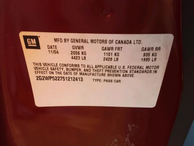 2G2WP522751212413 - 2005 PONTIAC GRAND PRIX BURGUNDY photo 10
