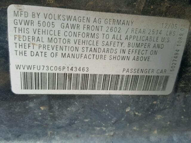 WVWFU73C06P143463 - 2006 VOLKSWAGEN PASSAT BLUE photo 10