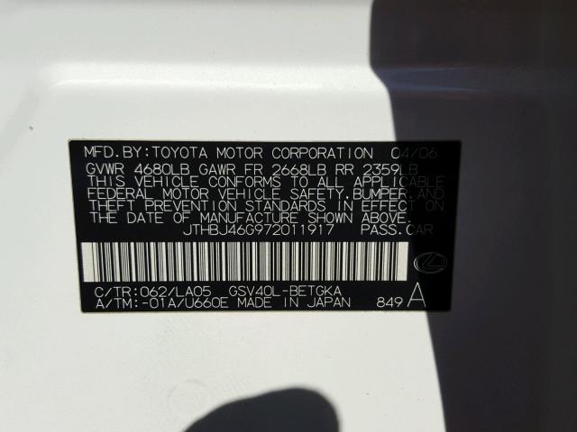 JTHBJ46G972011917 - 2007 LEXUS ES 350 WHITE photo 10