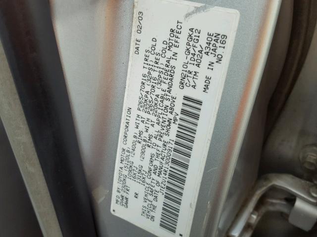 JTEZU14R130009171 - 2003 TOYOTA 4RUNNER SR SILVER photo 10