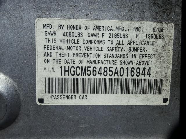 1HGCM56485A016944 - 2005 HONDA ACCORD LX SILVER photo 10