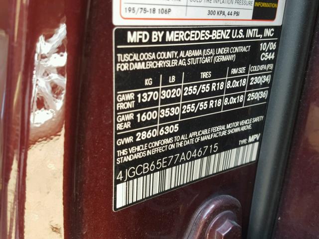 4JGCB65E77A046715 - 2007 MERCEDES-BENZ R 350 BURGUNDY photo 10