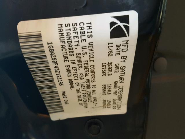 1G8AZ52F43Z121195 - 2003 SATURN ION LEVEL SILVER photo 10