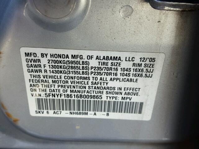 5FNYF18616B009865 - 2006 HONDA PILOT EX SILVER photo 10