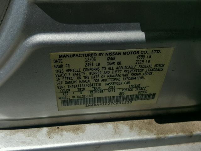 1N4BA41E27C841310 - 2007 NISSAN MAXIMA SE SILVER photo 10